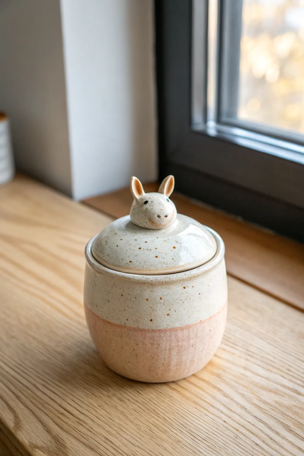 Peek-a-boo bunny lid handle on a pastel ceramic jar, minimal, sweet, and easy to make.