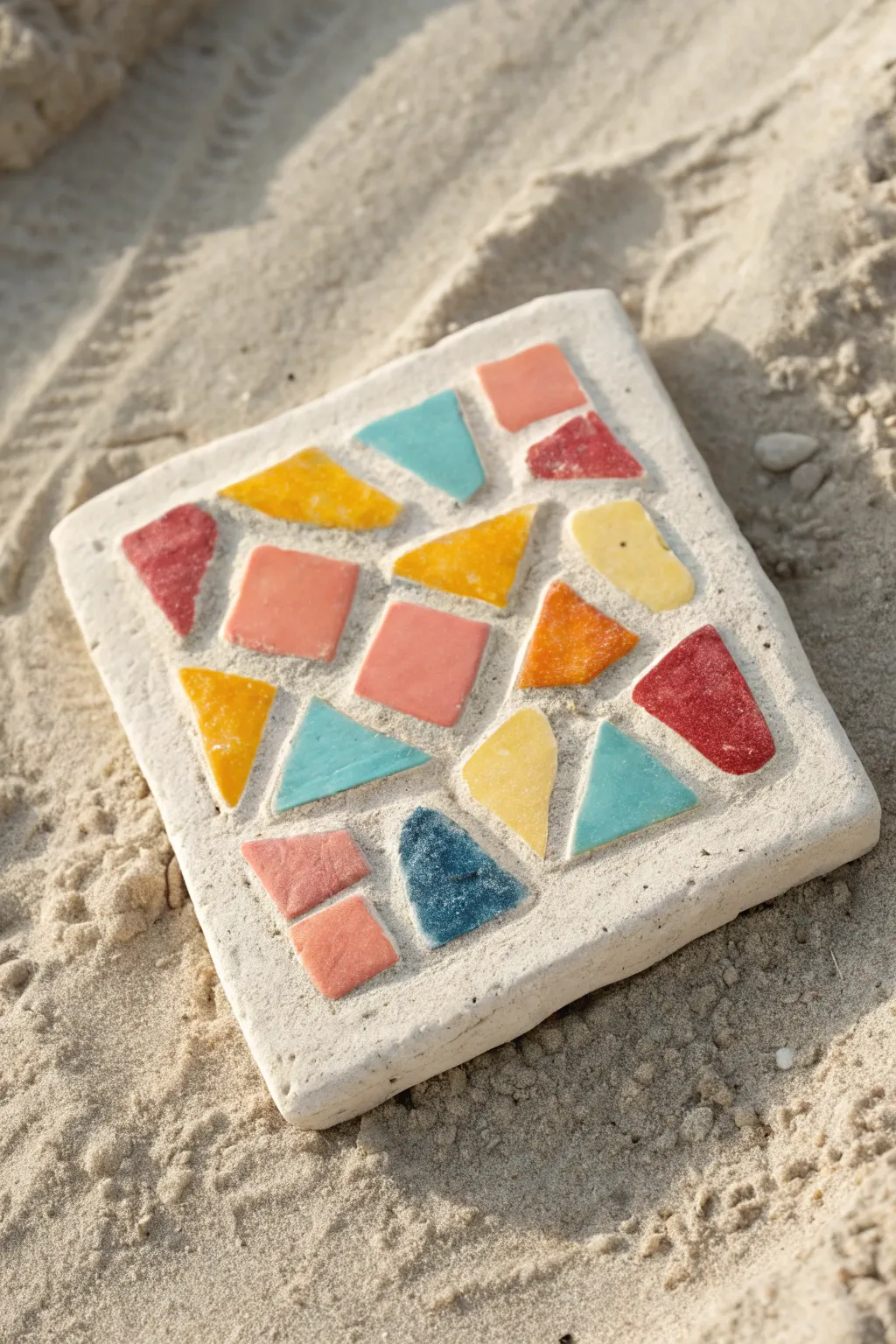 Bright chunky-tile clay mosaic plaque, simple and kid-friendly, perfect mini wall art.