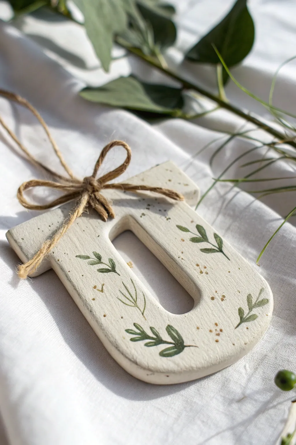 Minimal clay initial ornament with stamped texture and soft painted details, simple and gift-ready.