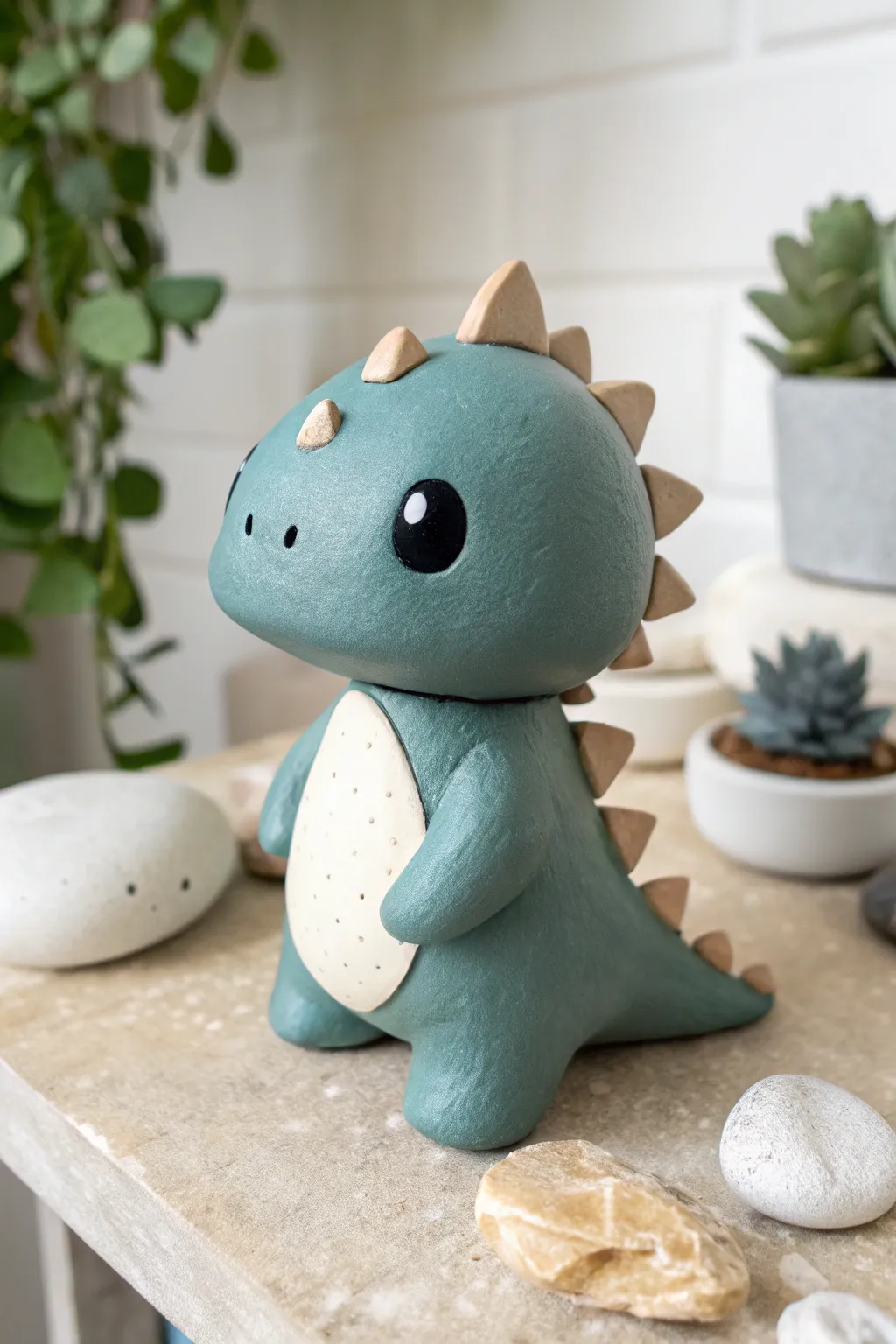Mini chibi clay dino in bold color with simple details, a cute Scandinavian-boho shelf accent.