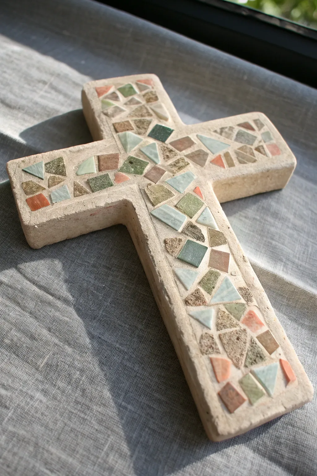 Mosaic-inlay clay cross with tiny color shards, minimalist and softly boho in natural light