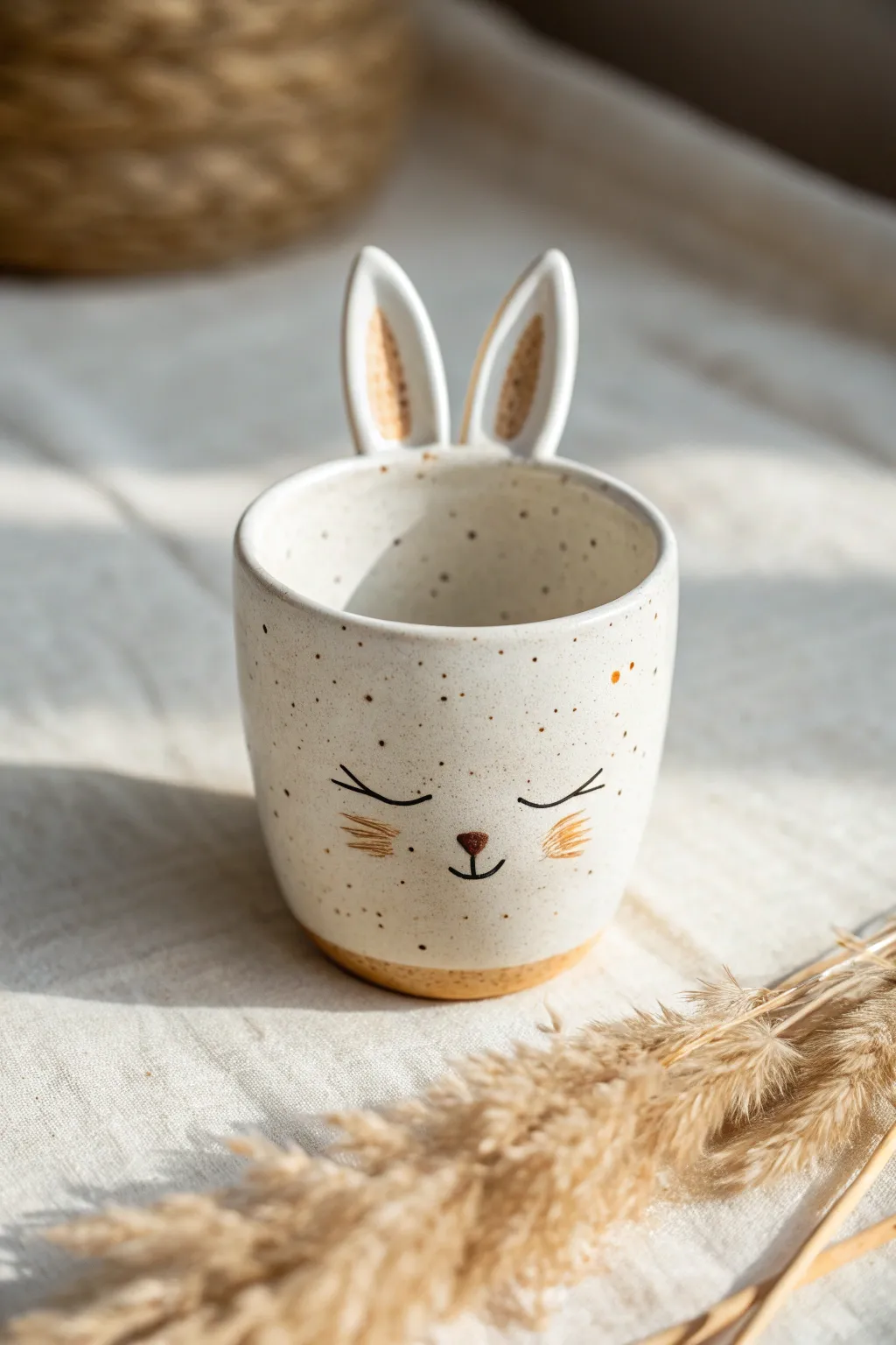 Minimalist clay cup with a sweet bunny face, matte glaze and soft contrast for cozy boho vibes