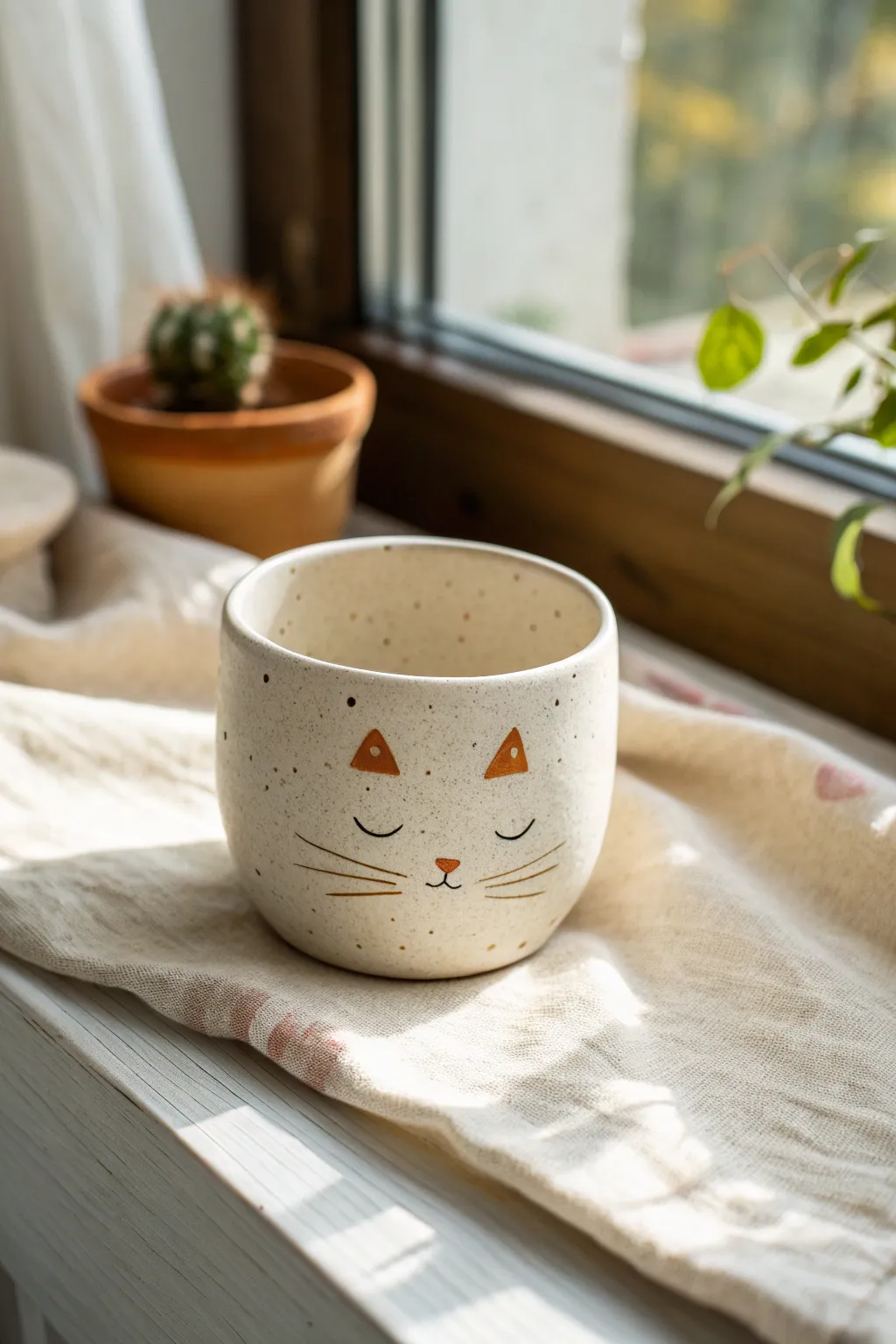 Minimalist cat face clay cup with cute 3D ears, soft speckled glaze, and cozy Nordic vibe