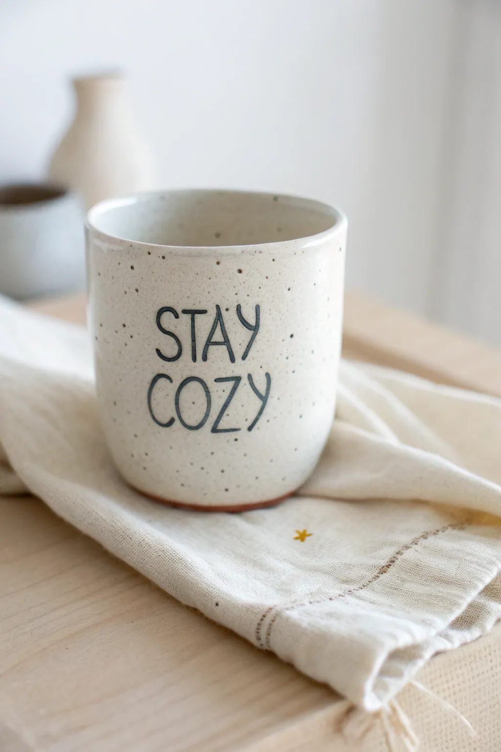 Simple painted quote on a handmade clay cup, Scandinavian minimal with a warm boho touch.