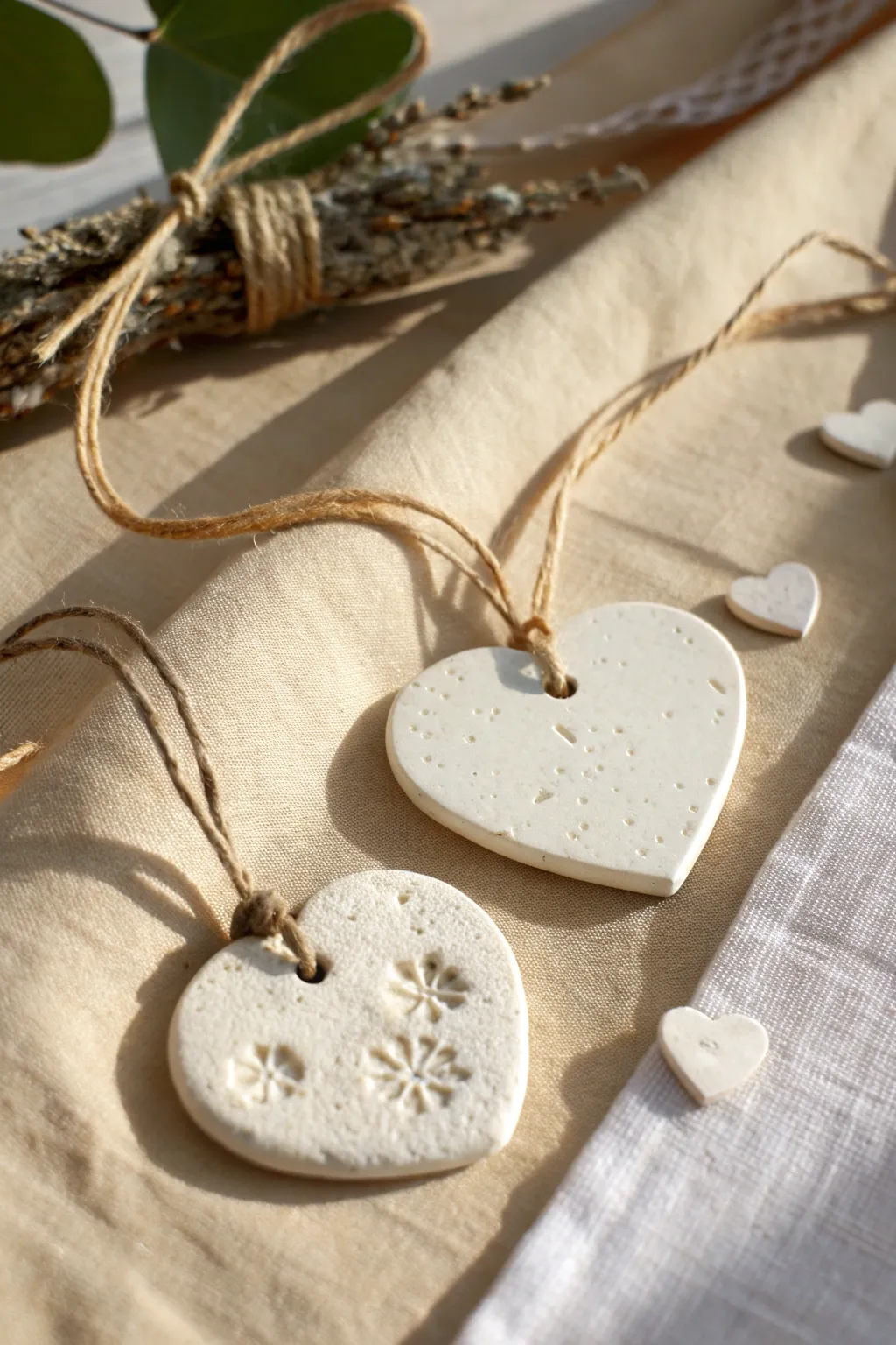 Two minimalist clay ornaments to mark your favorite date, a sweet keepsake for couples.