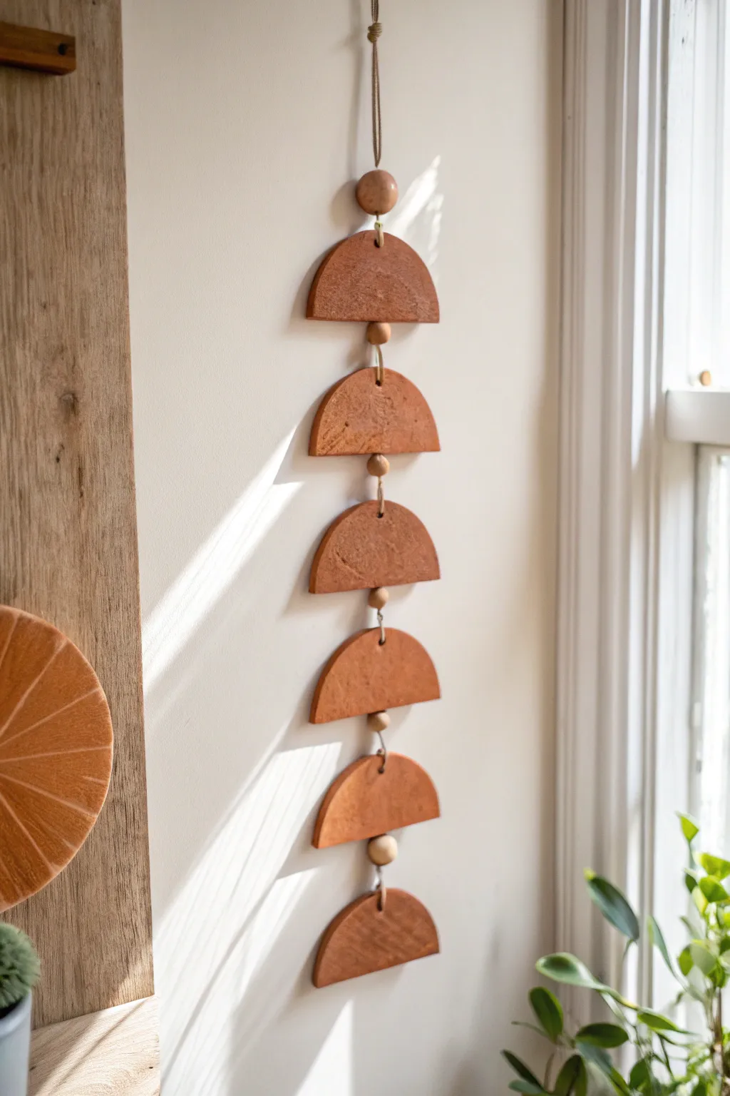 Minimal geometric clay wall hanging tiles in warm terracotta for an airy, modern boho nook