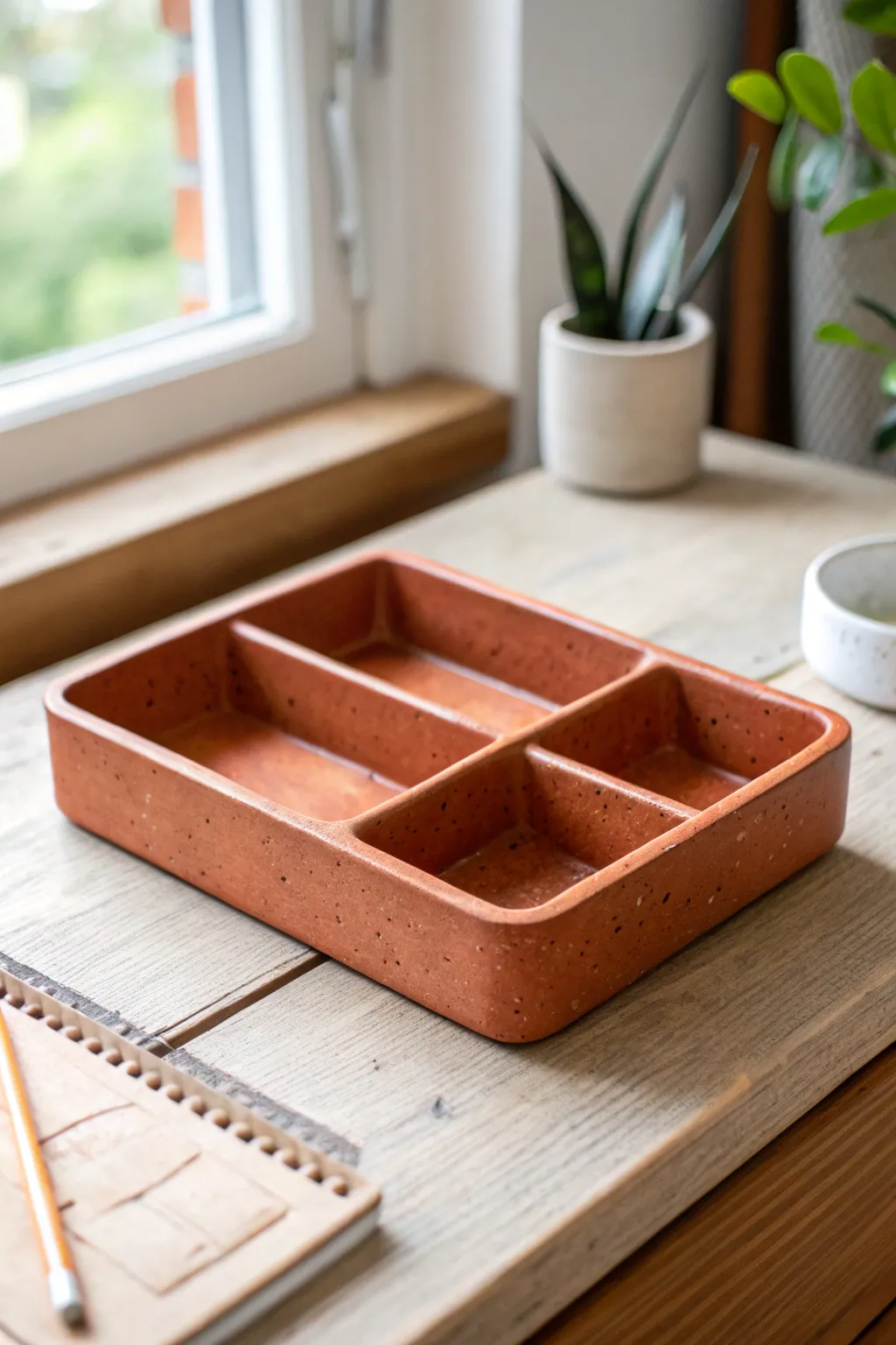 Stackable clay desk organizer tray with neat sections for clips, sticky notes, and jewelry.
