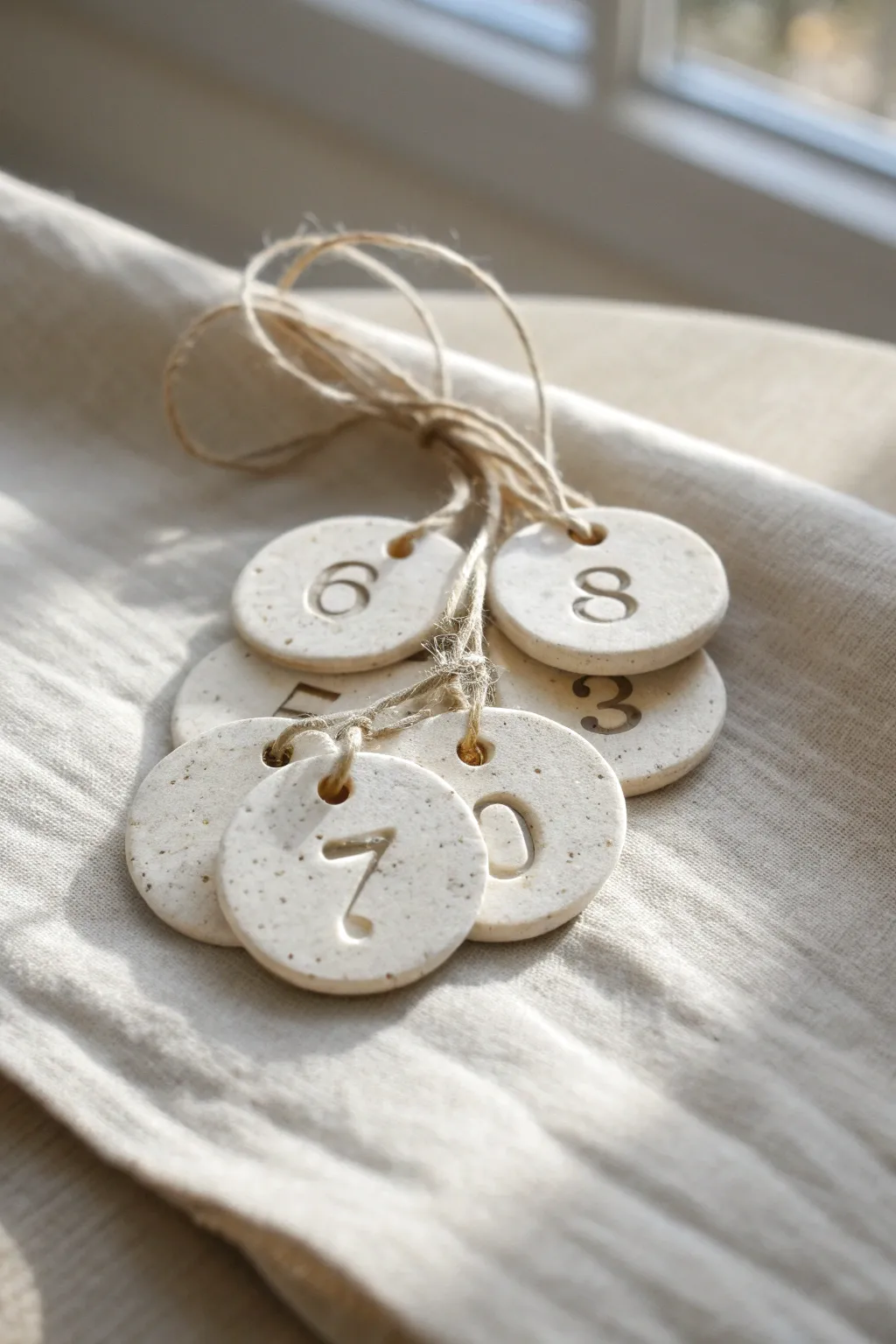 Minimal clay letter and number tags tied with twine, a quick elegant idea for easy labeling