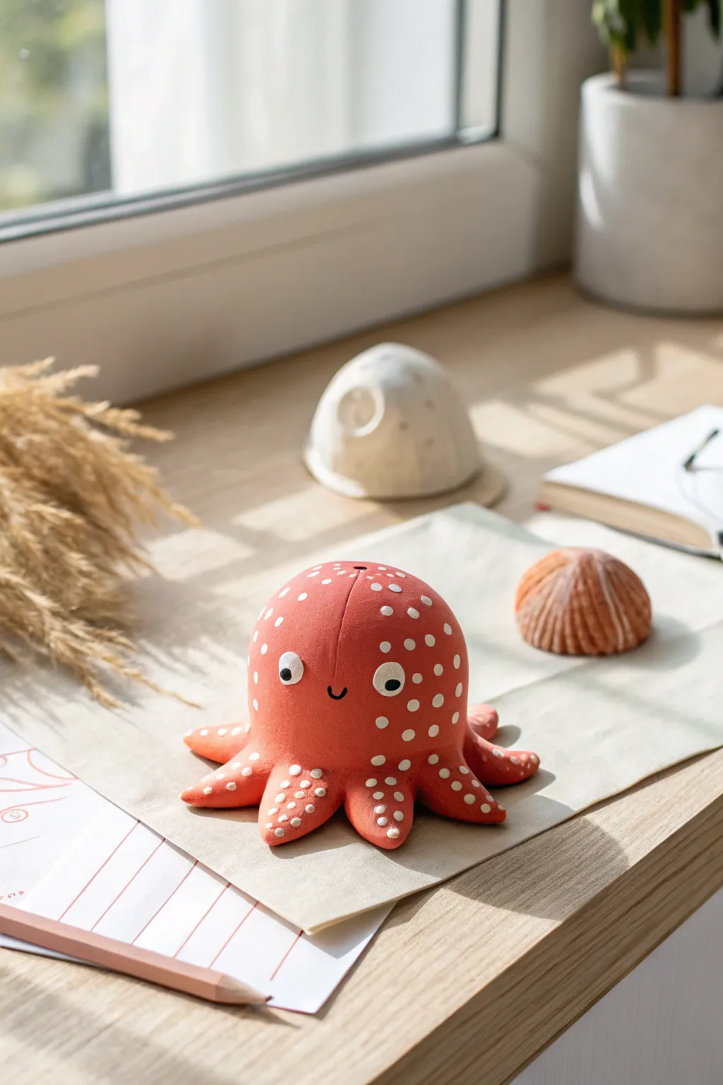 Chunky clay octopus paperweight in bold color, a kid friendly sea creature idea for tidy desks