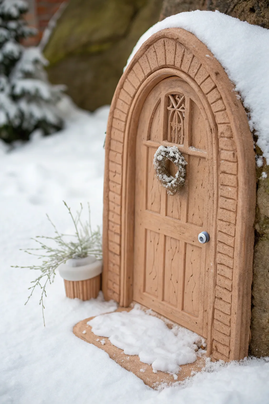 Cozy winter fairy door in clay with snowy ledge, delicate icicles, and a tiny wreath detail.