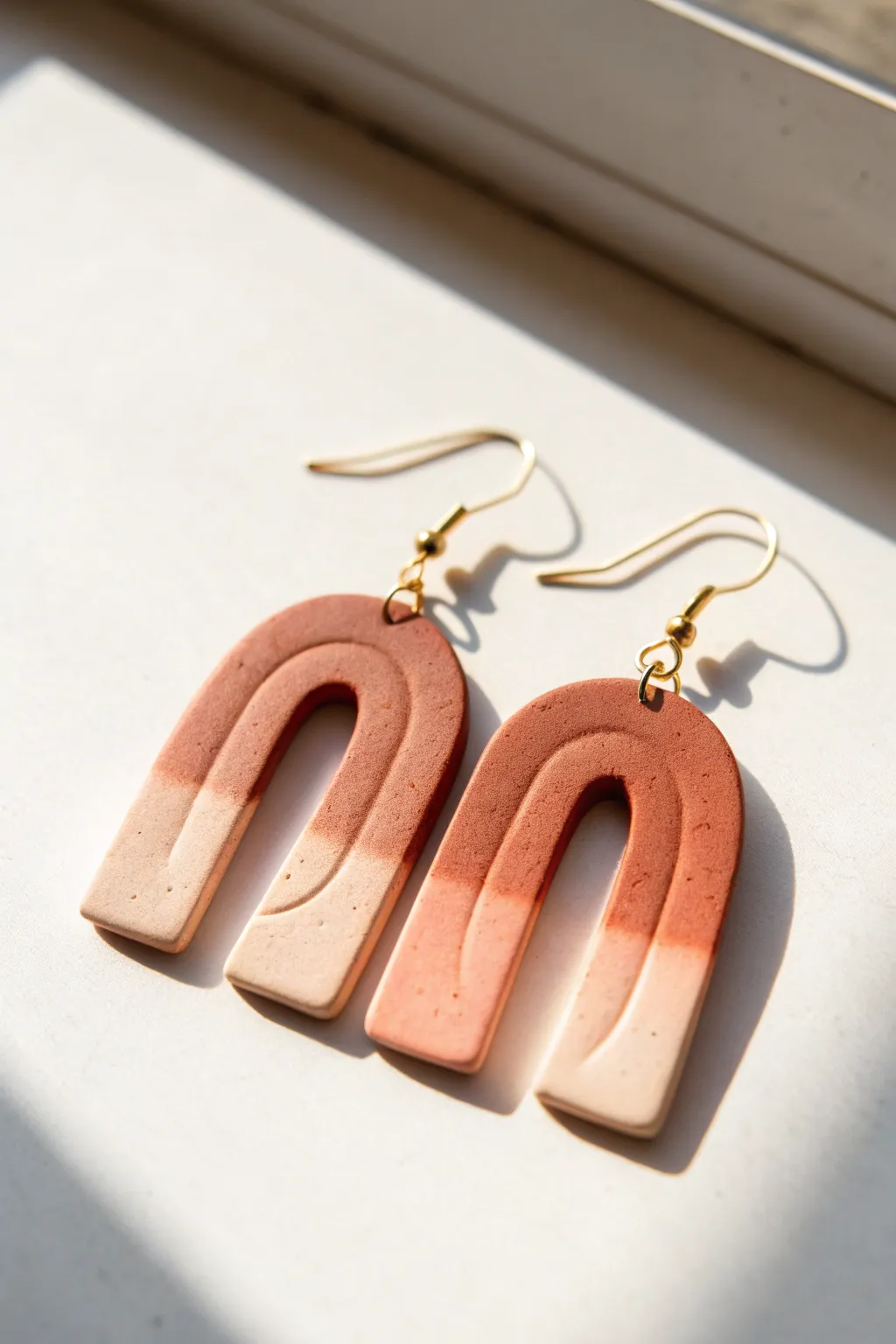 Soft ombre slab earrings in a minimalist arch shape, crafted clay beauty with modern boho charm