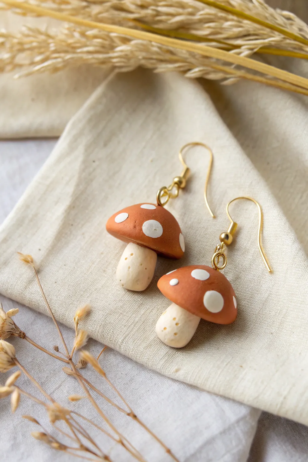 Storybook mushroom clay dangles in warm neutrals, simple spots, and cozy Scandinavian charm.