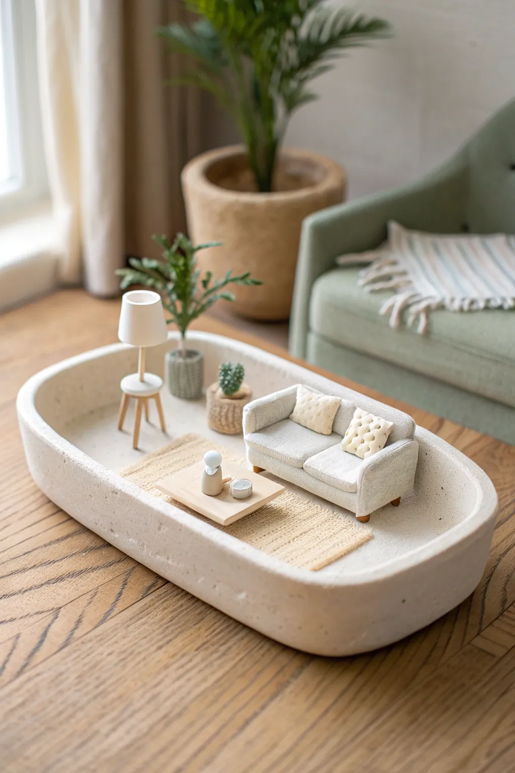Tiny clay room diorama tray with cozy minimalist details and soft boho warmth
