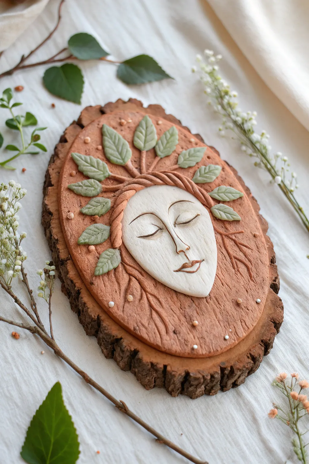 Woodland tree spirit clay face with leaf brows and twig hair, minimalist boho charm