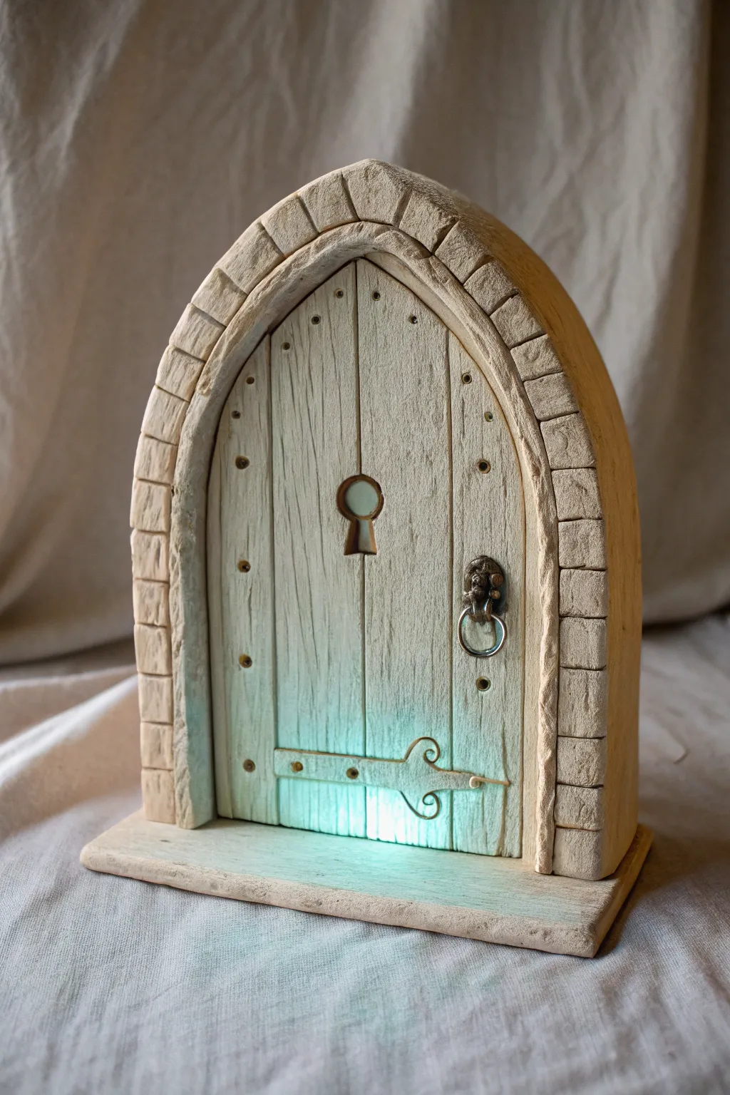 Minimal clay fairy door with a pale blue-green glowing keyhole for subtle, cozy magical vibes.