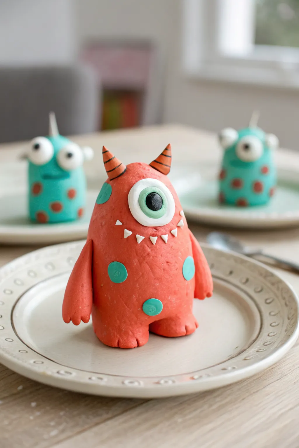 A goofy one-eyed clay monster in bright colors, with easy horns and spots for kid-friendly fun.