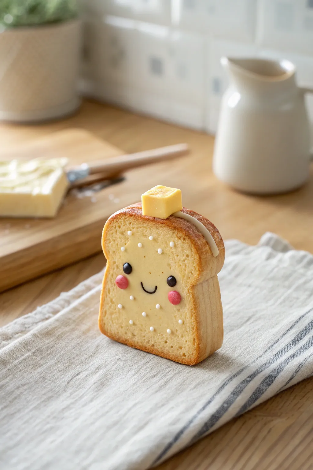 Tiny clay toast figurine with buttery drip and sweet smile, minimalist cozy kitchen vibes.