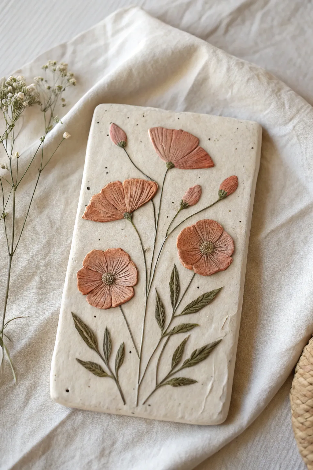 Pressed-flower style clay plaque with flat petal layers and simple stems, clean and feminine