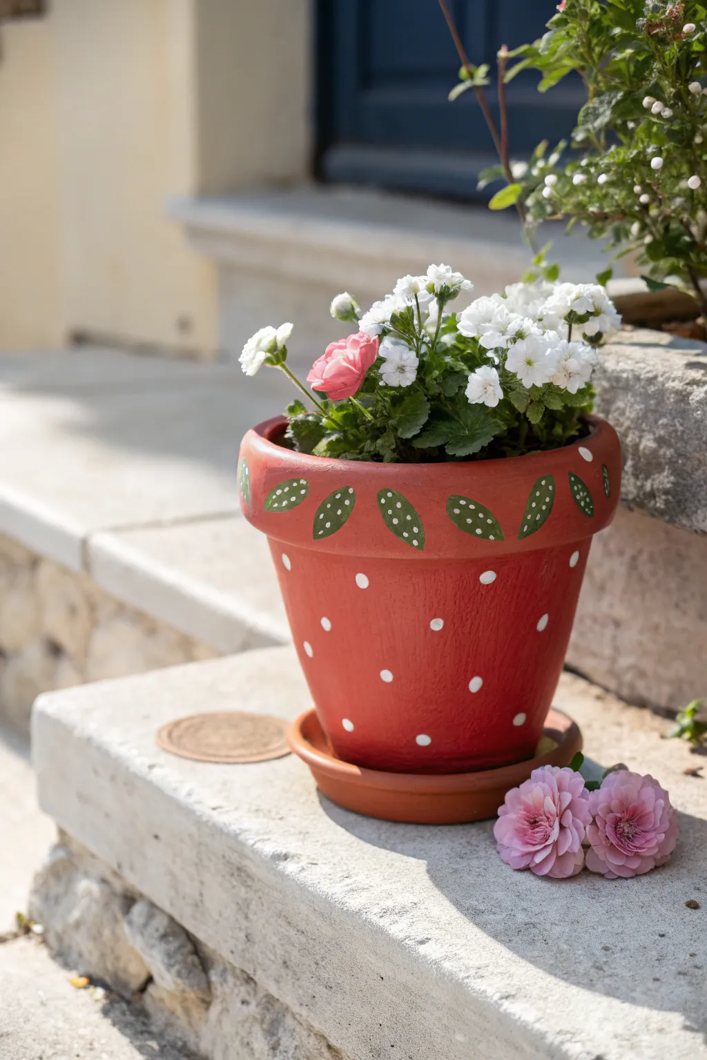 Strawberry-painted clay pot adds sweet fruit vibes to your porch step, topped with fresh blooms.