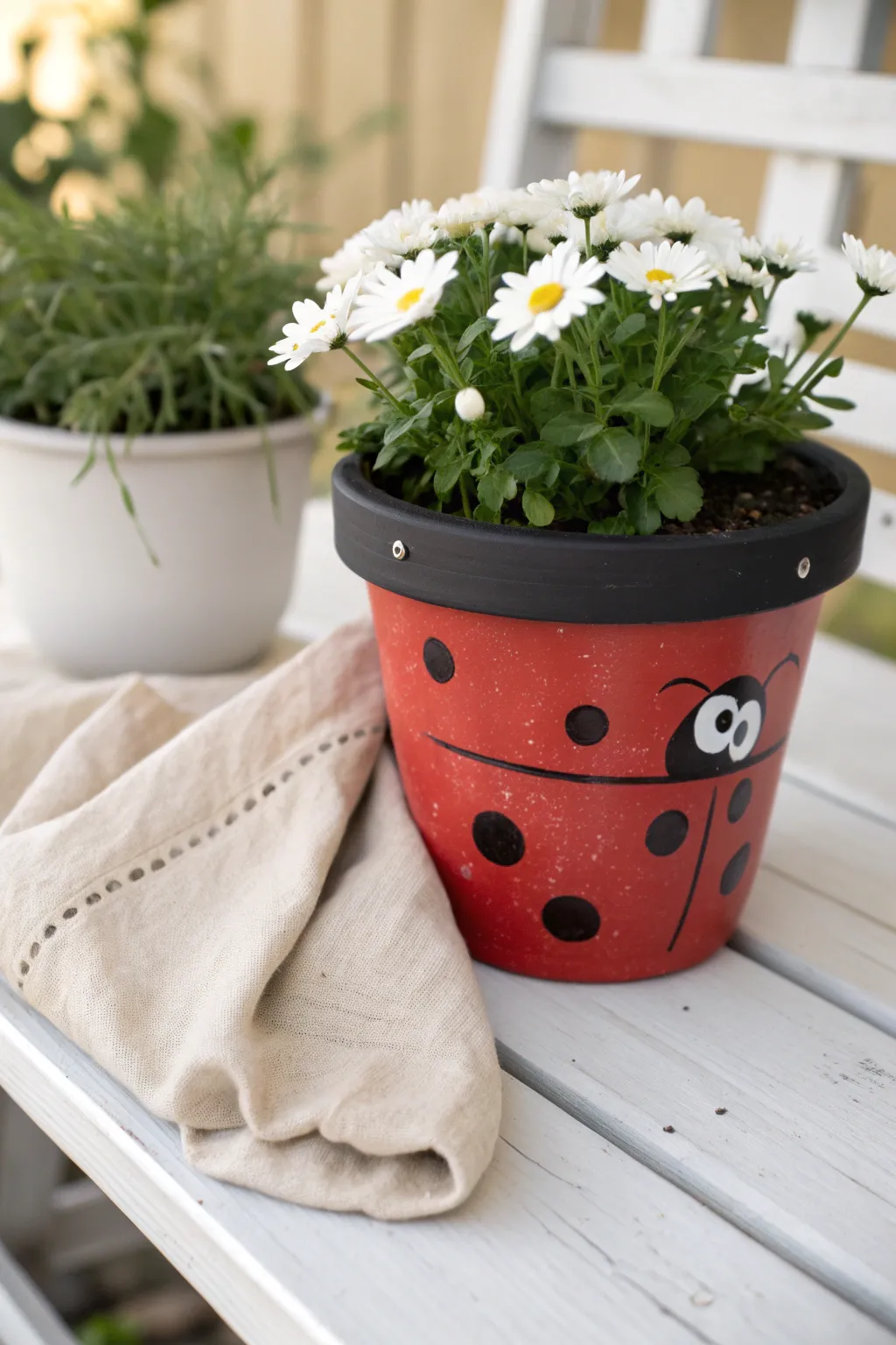 Ladybug-painted pot with bright blooms, a simple DIY bug theme for cheerful garden decor