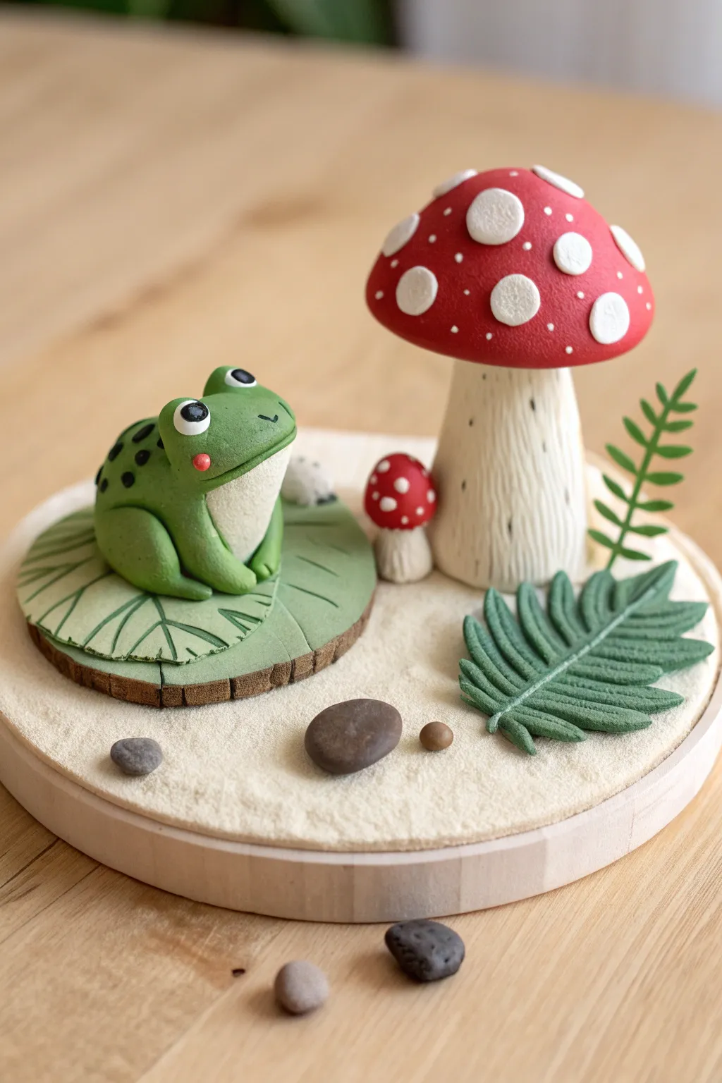 Minimal clay frog diorama with spotted toadstool and leaves, cozy mushroom forest vibe