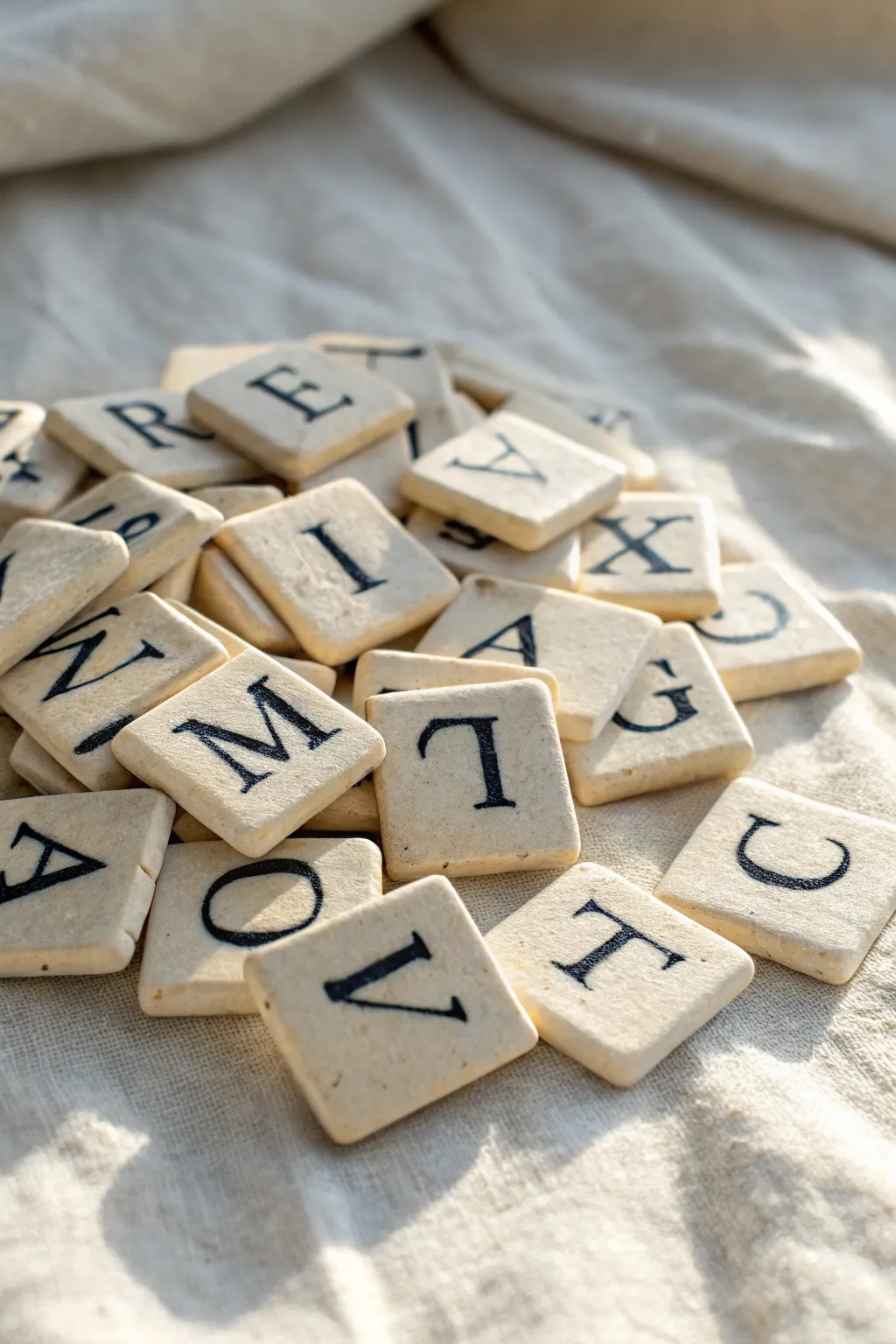 Handmade clay letter tiles for word-building games, minimal Scandinavian style with warm boho texture.