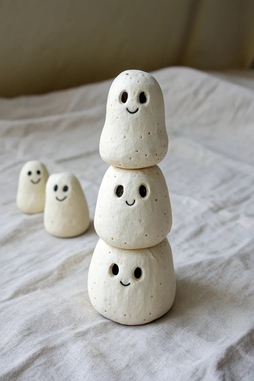A sweet stacked trio of tiny clay ghosts with simple expressions, minimal and softly boho.