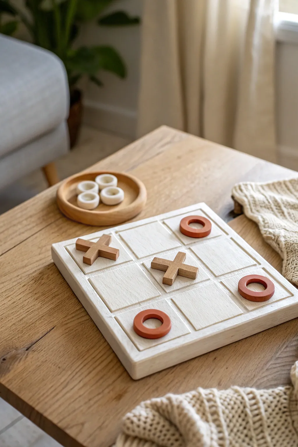 Handmade clay tic-tac-toe set in earthy neutrals, a stylish game night gift for him.