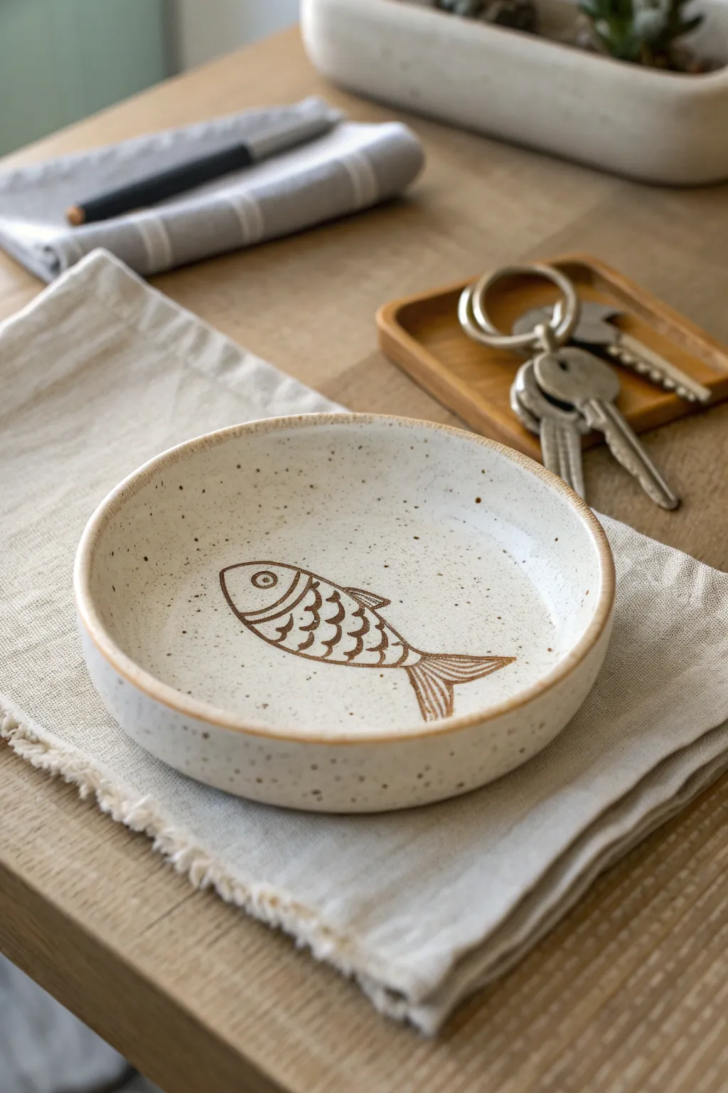 Bold fish-motif trinket dish in speckled clay, styled with keys for a rugged gift idea.