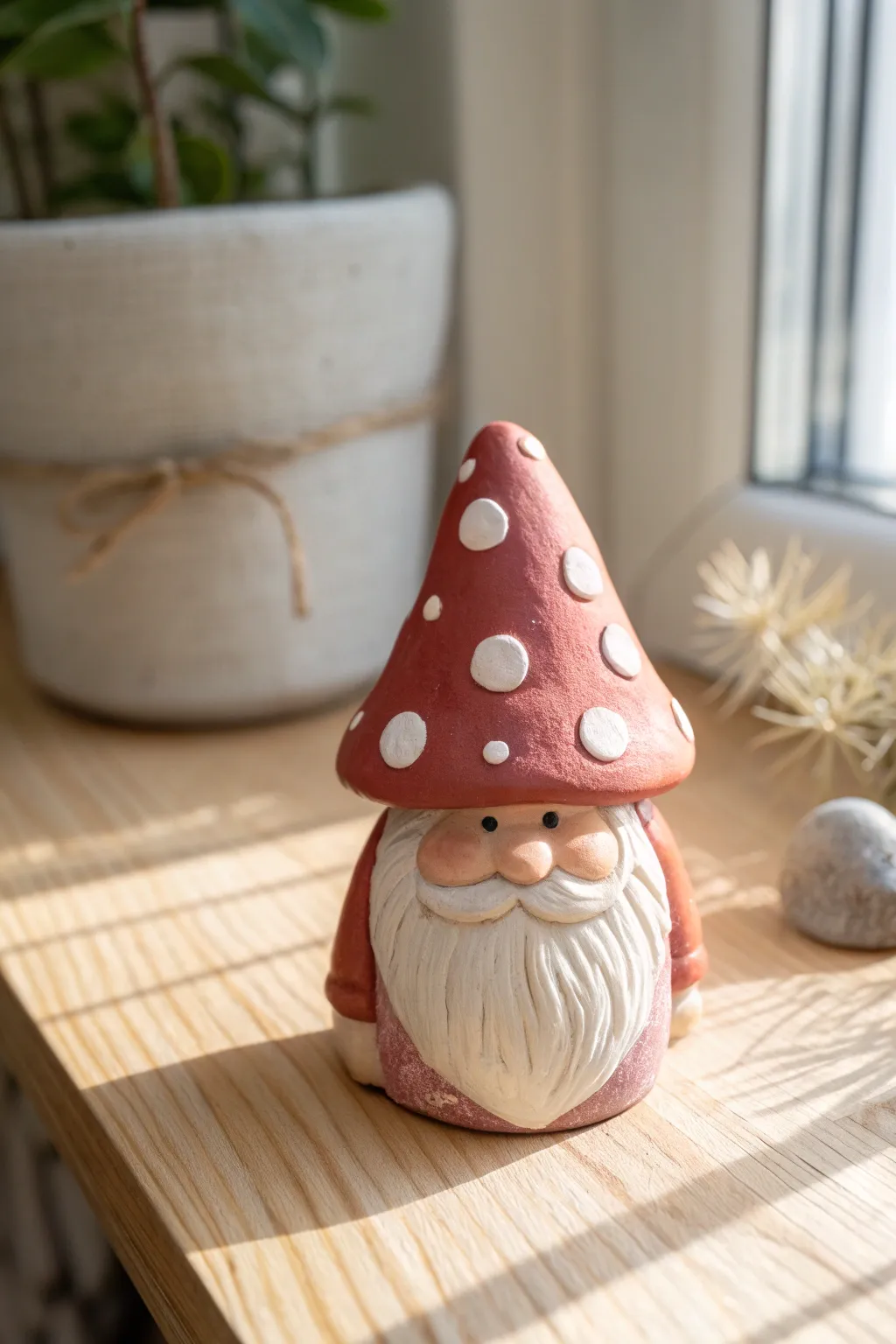 Make a sweet spotted mushroom-cap gnome for cozy shelves, easy to sculpt and paint.