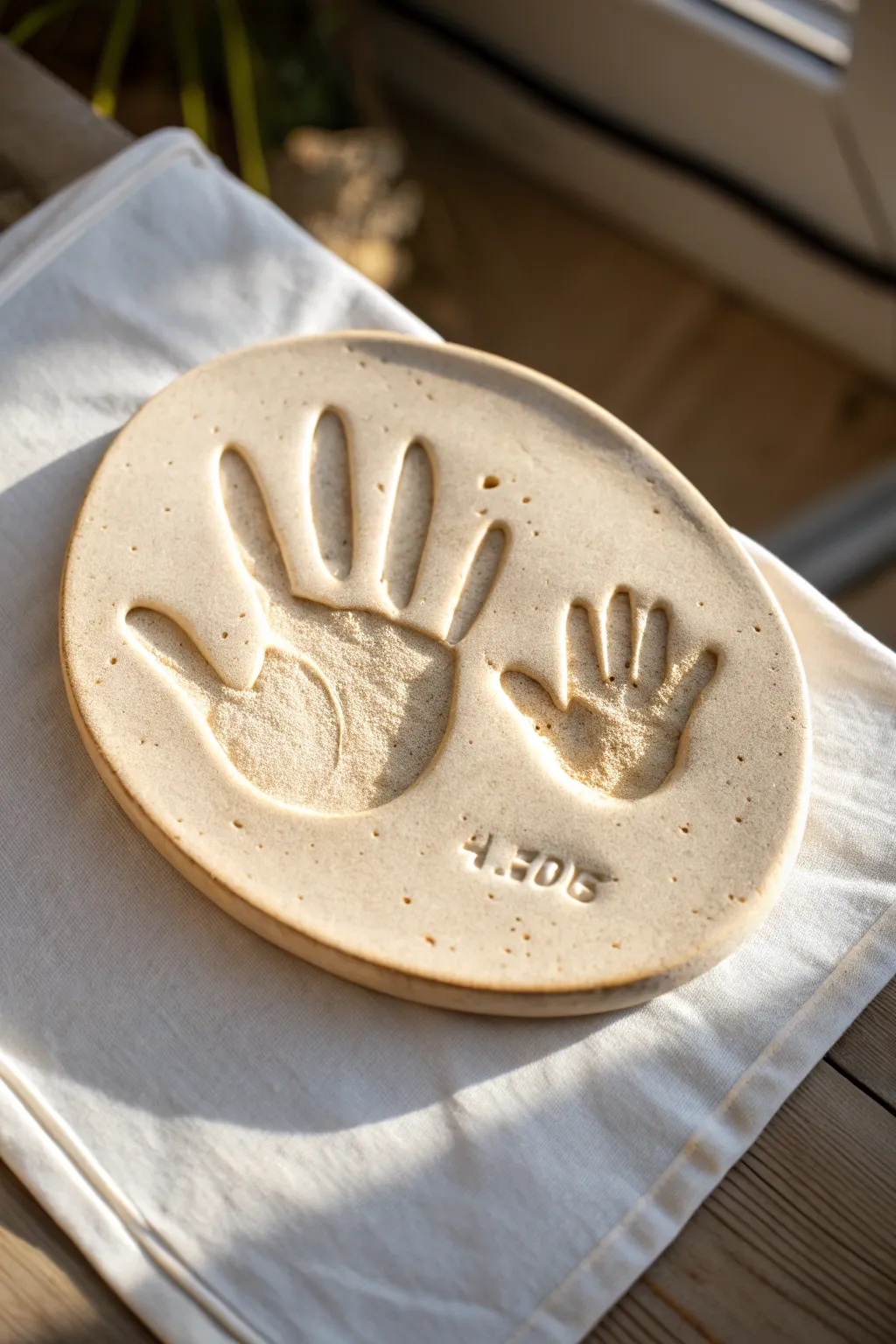 Timeless high-five keepsake: adult and child handprints on a minimalist oval clay plaque.
