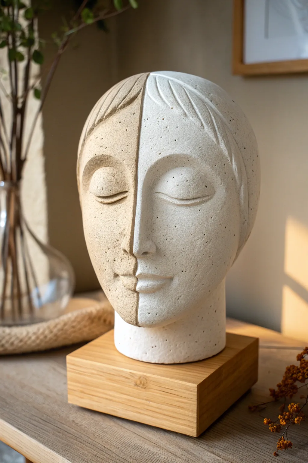 A split clay head blending realism and minimal geometry, clean contrast on a simple wooden stand.