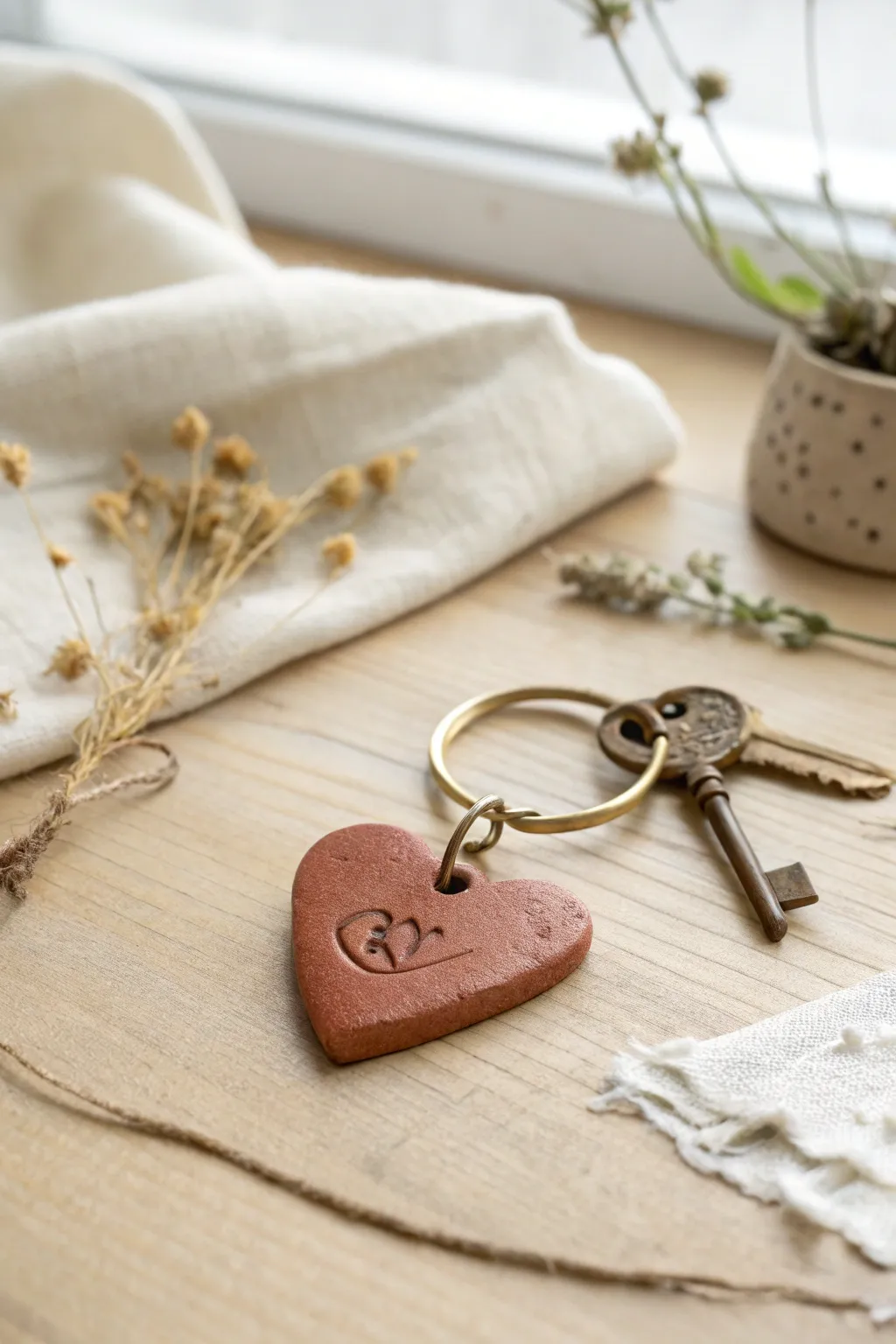 Minimal clay heart keychain with a pressed initial, soft neutral styling and cozy handmade feel