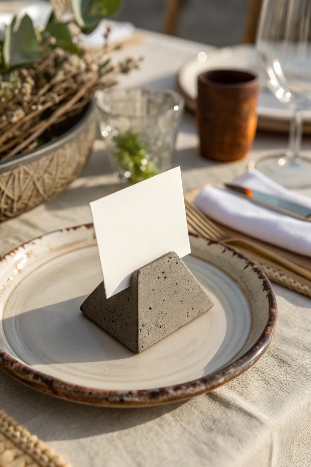 Minimal clay place card holder block with a blank card, perfect for simple Scandinavian tables