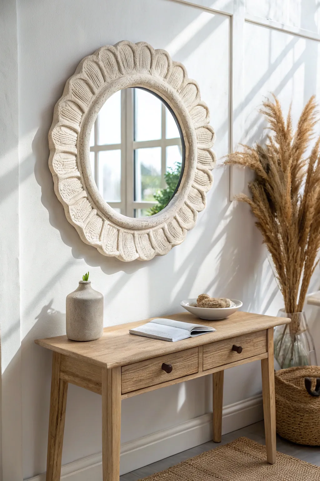 Organic wavy air-dry clay mirror frame for a minimalist console vignette with soft boho charm.