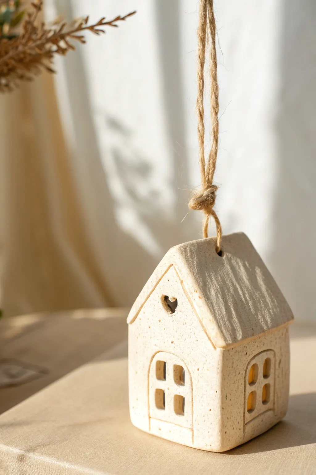 Tiny hanging clay house ornament in minimalist Scandinavian style with soft boho warmth.