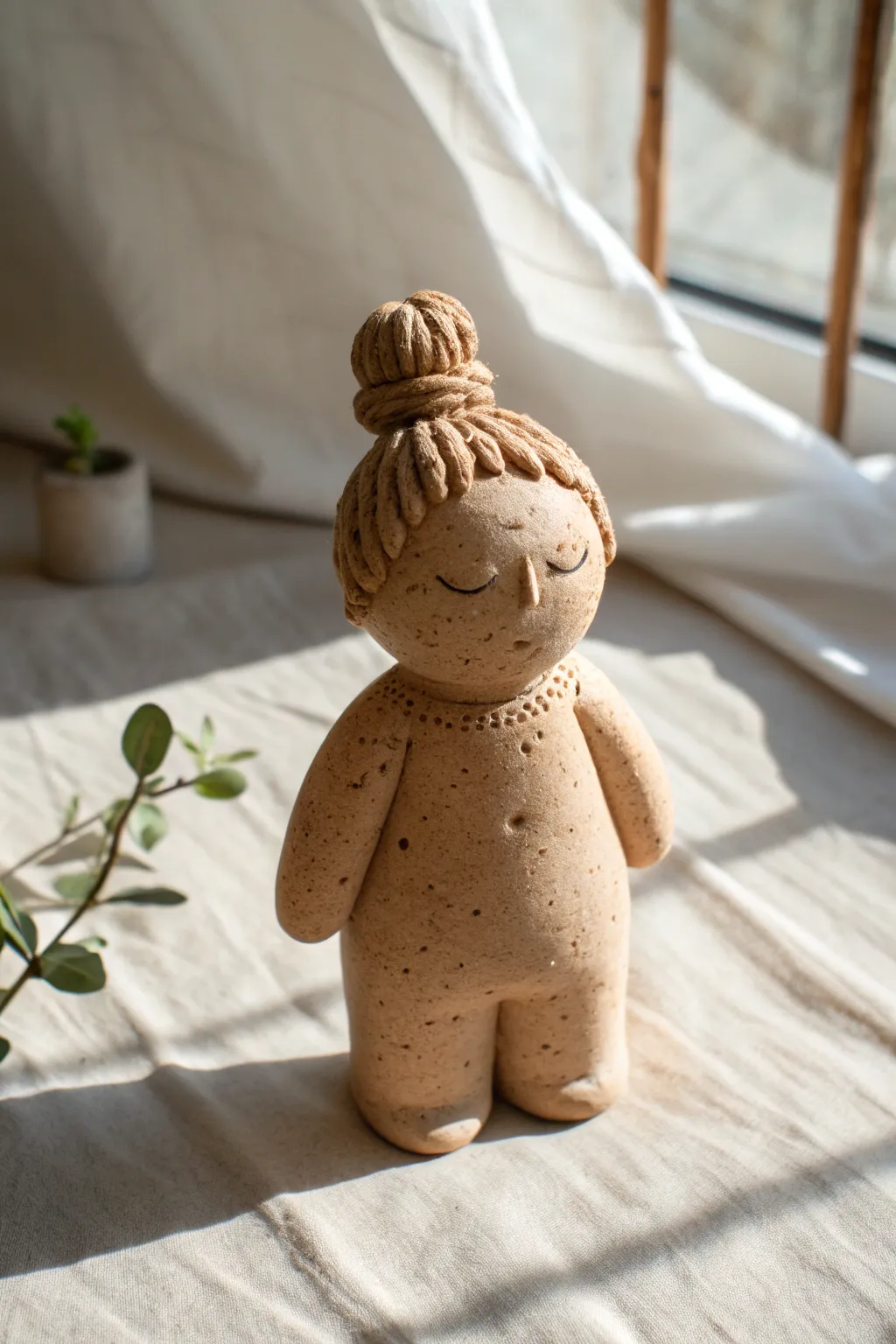 Beginner-friendly clay figure with chunky coil braids and textured hair in a calm minimalist style