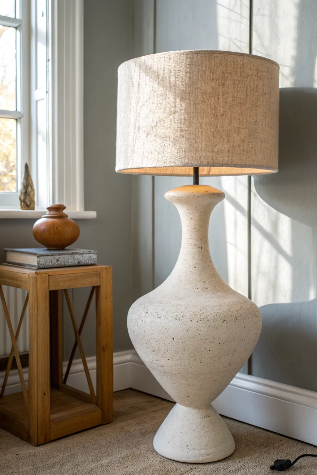 Bold oversized ceramic lamp base with a clean sculptural shape in soft Scandinavian light