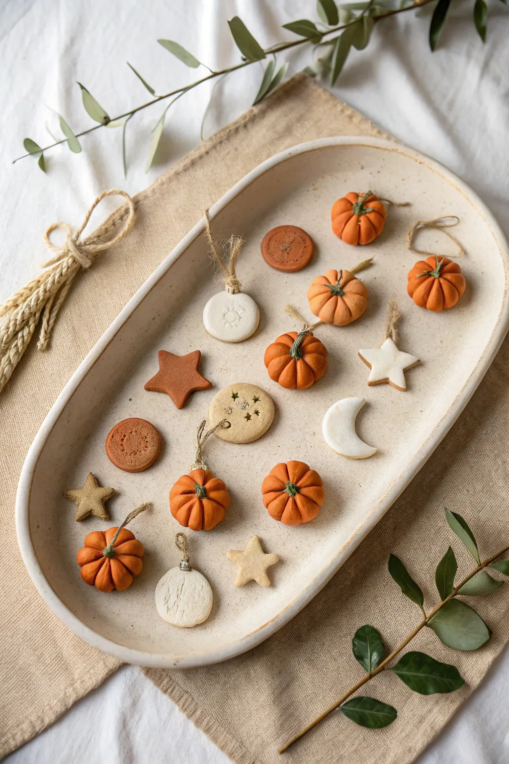 Batch-made seasonal mini clay ornaments in soft earthy tones, ready to gift or hang.