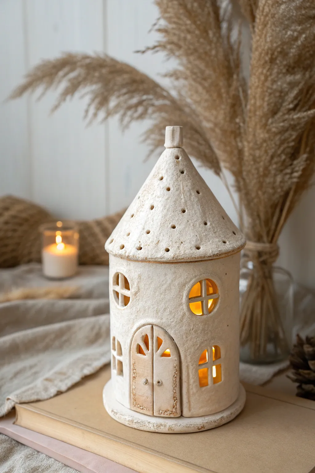 Cozy clay fairy house lantern in earthy tones, softly glowing for a dreamy art class display