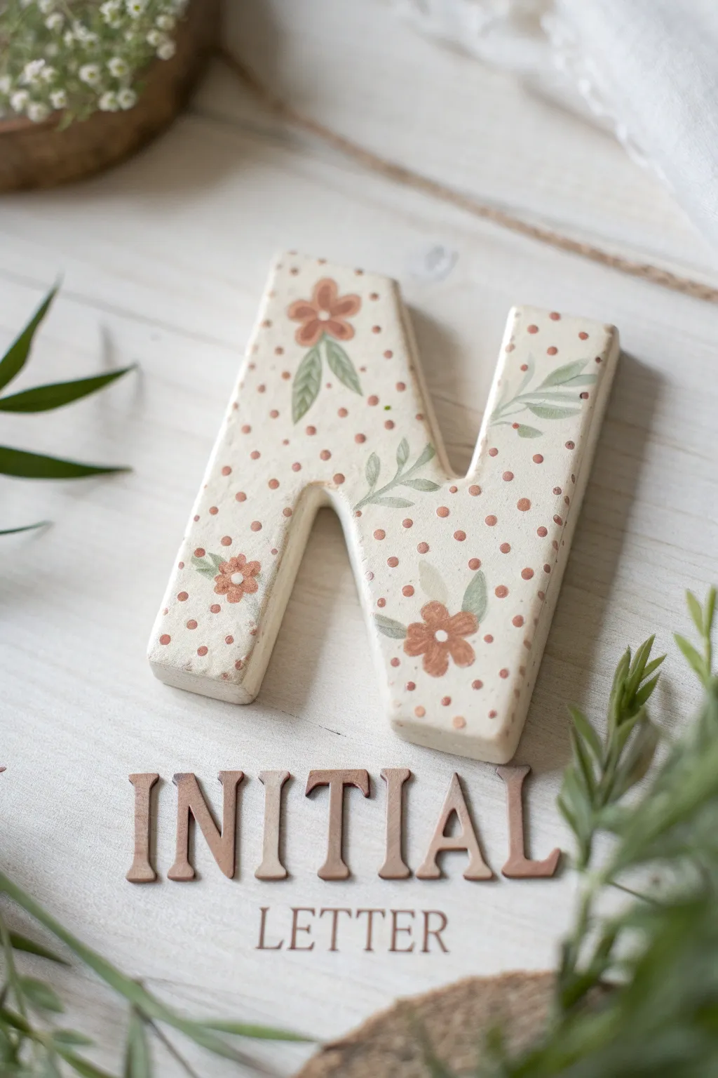 Minimalist clay initial magnet with sweet floral pattern, soft Scandinavian boho style and contrast.