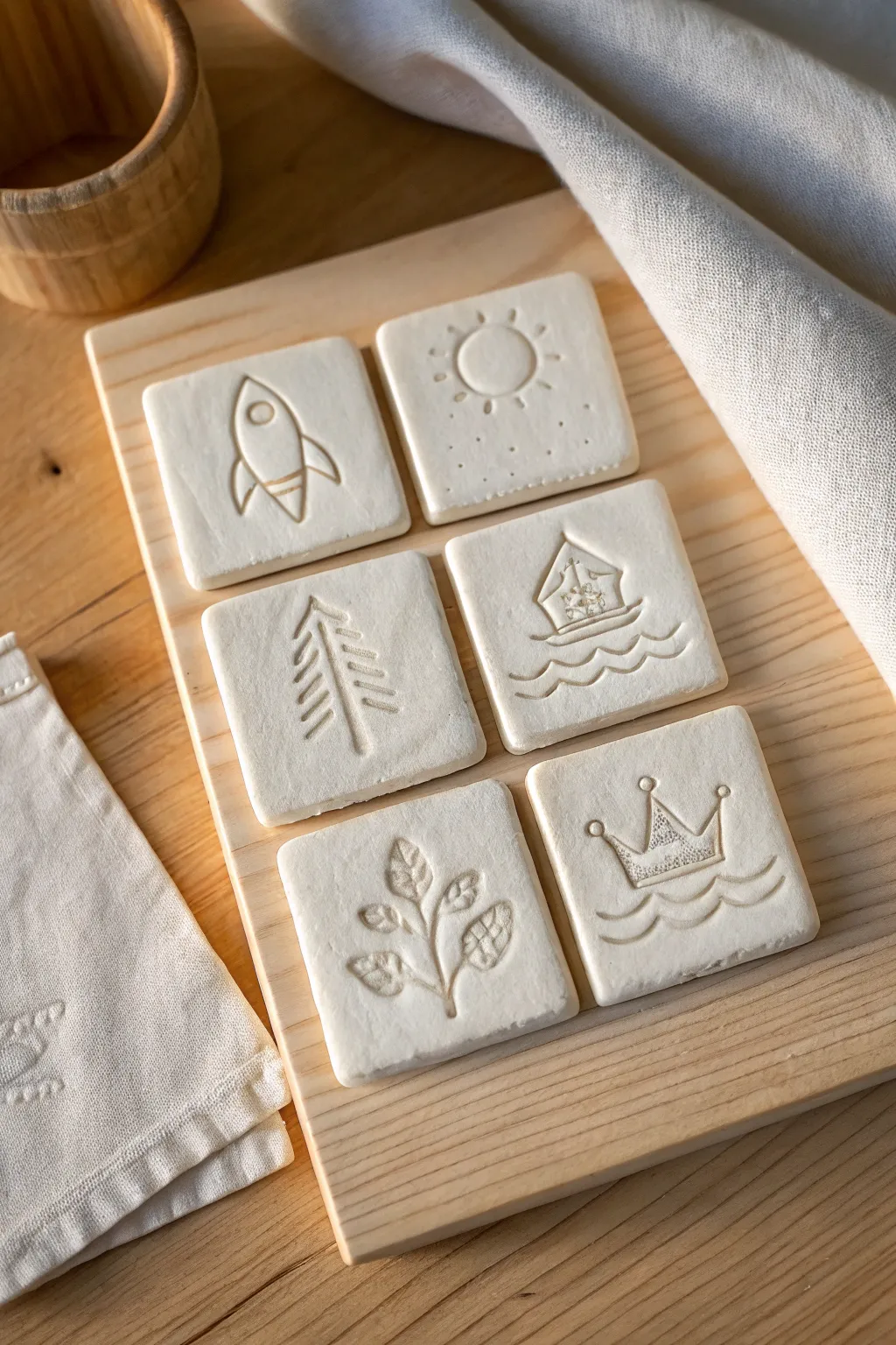 Six simple clay story tiles inspire endless make-believe adventures for kids, calm and minimal.