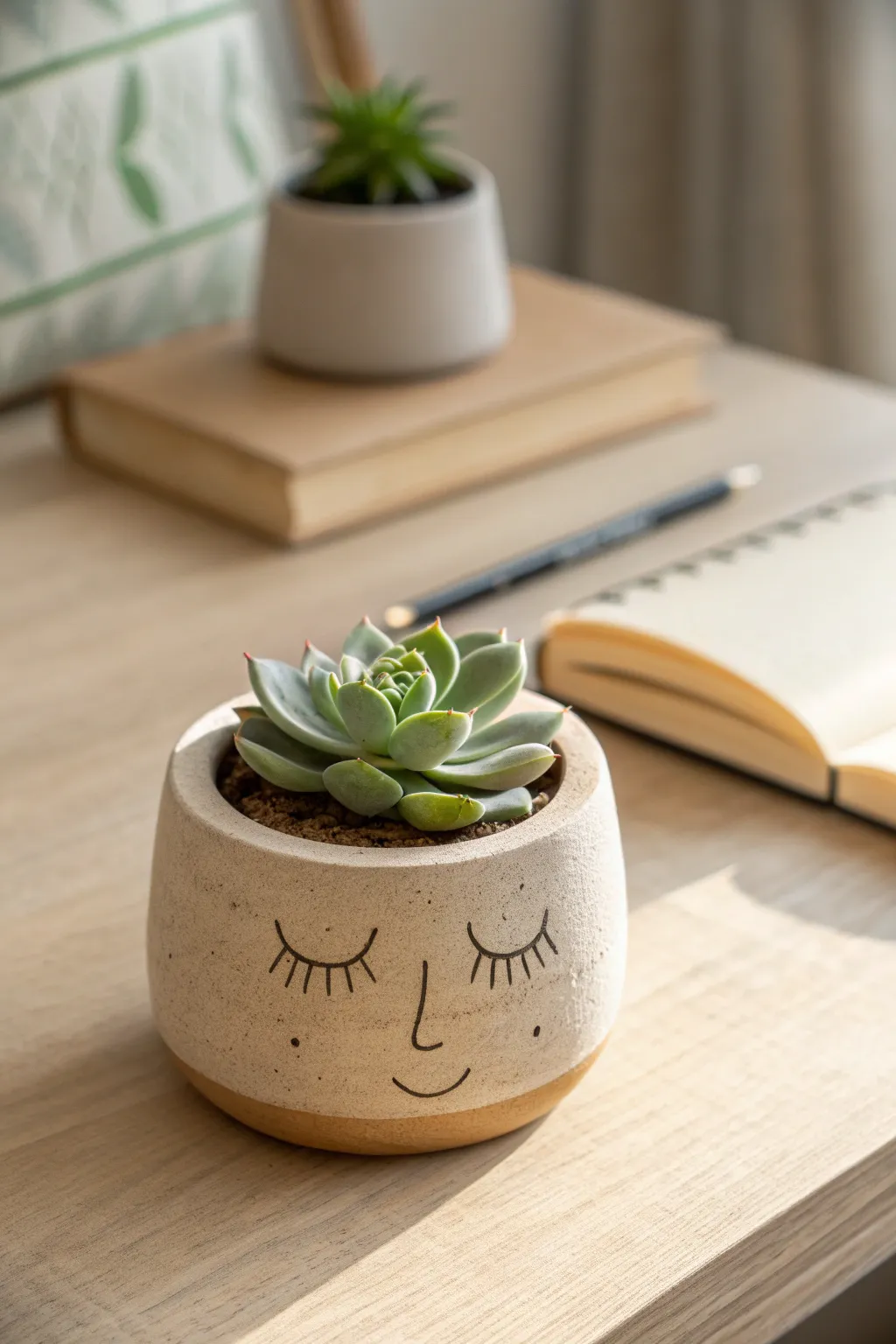 A tiny succulent in a cute clay face planter, minimalist boho desk decor teens can make.