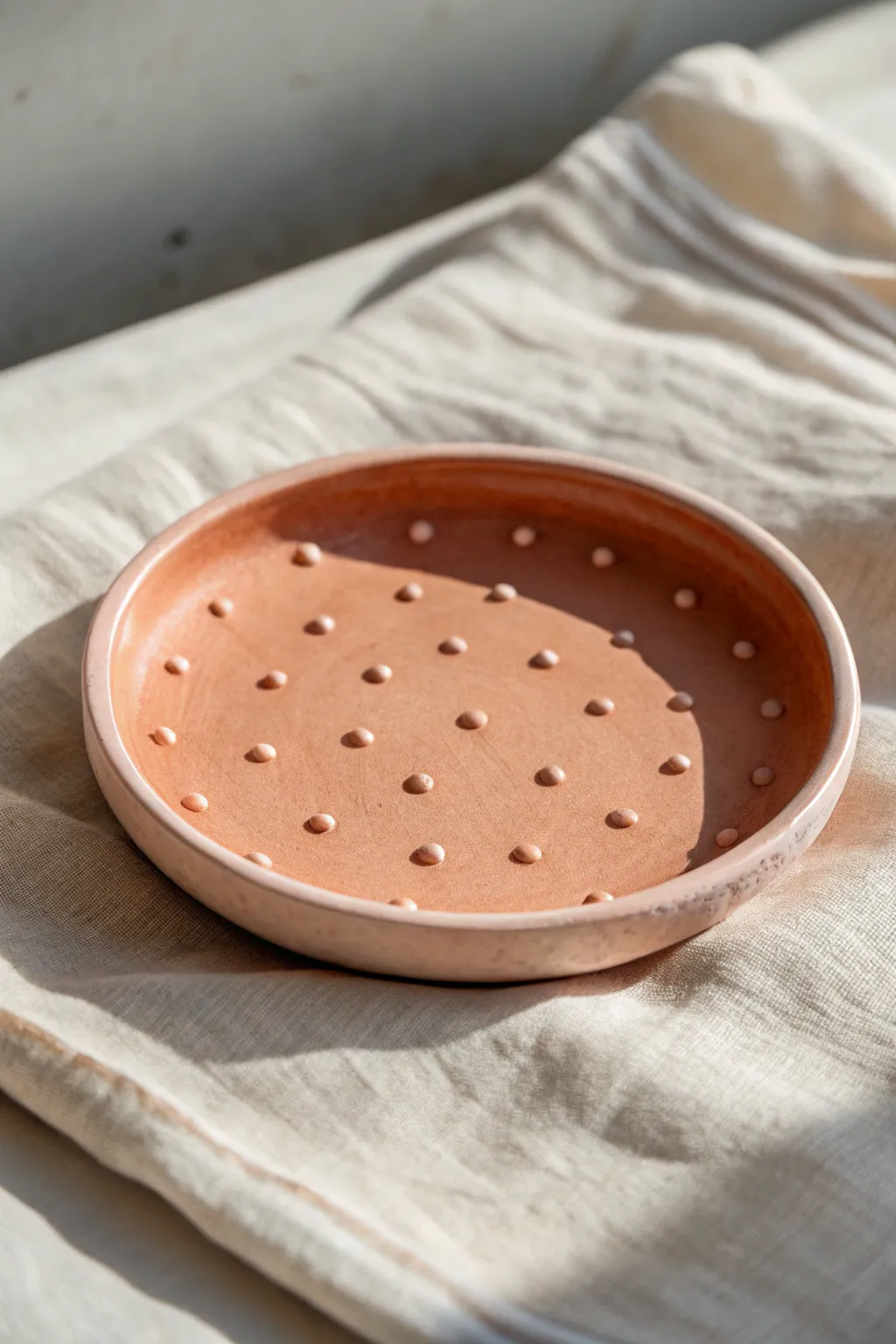 Sweet polka-dot trinket plate in matte blush clay, minimalist and toddler-friendly to make.