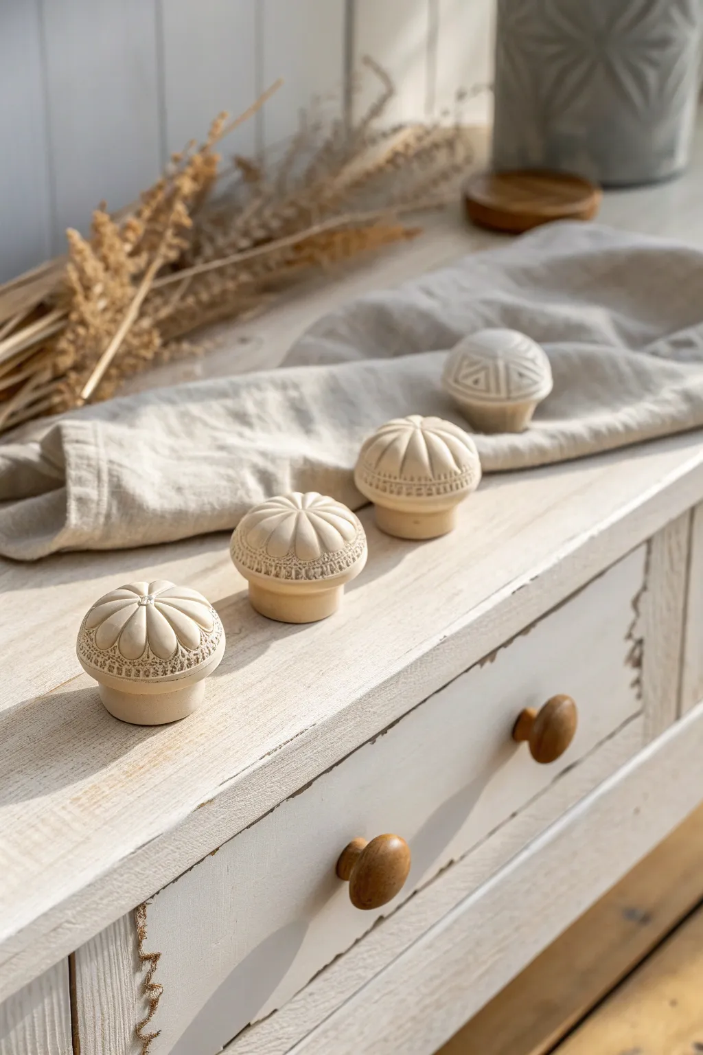 Simple handmade clay knobs add instant charm to thrifted furniture flips in a calm, modern style.