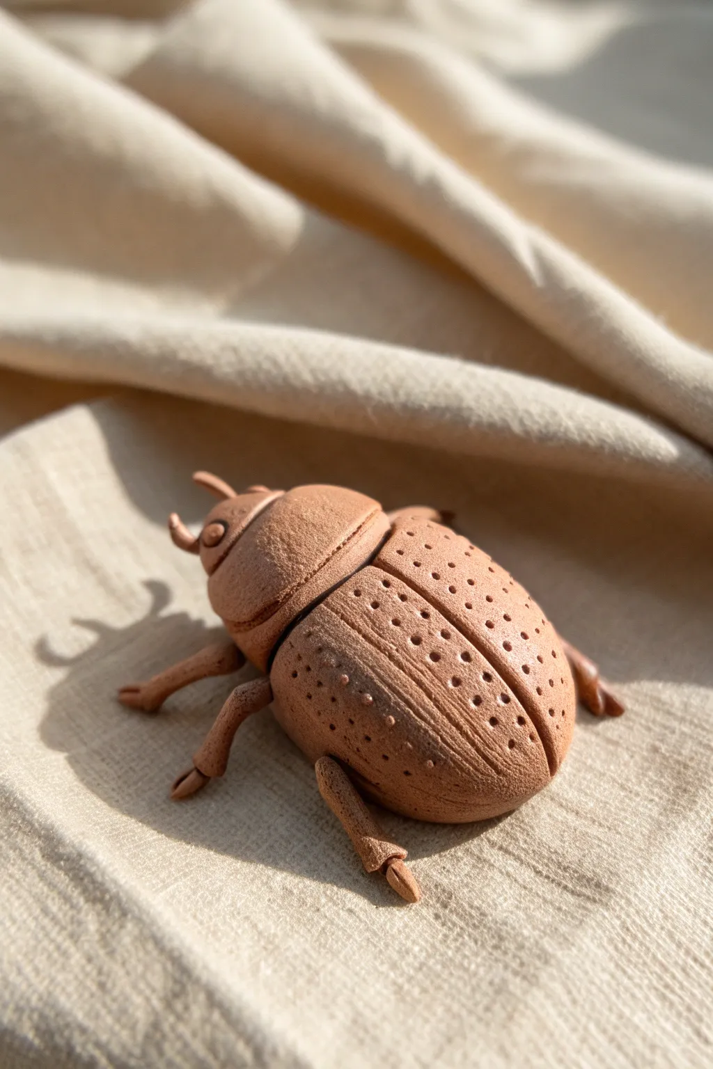 Close-up clay beetle with toothpick texture marks and dots for an easy realistic finish.