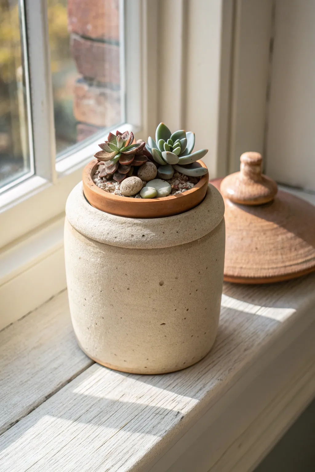 A minimalist clay jar topped with a succulent lid, turning storage into a tiny planter.