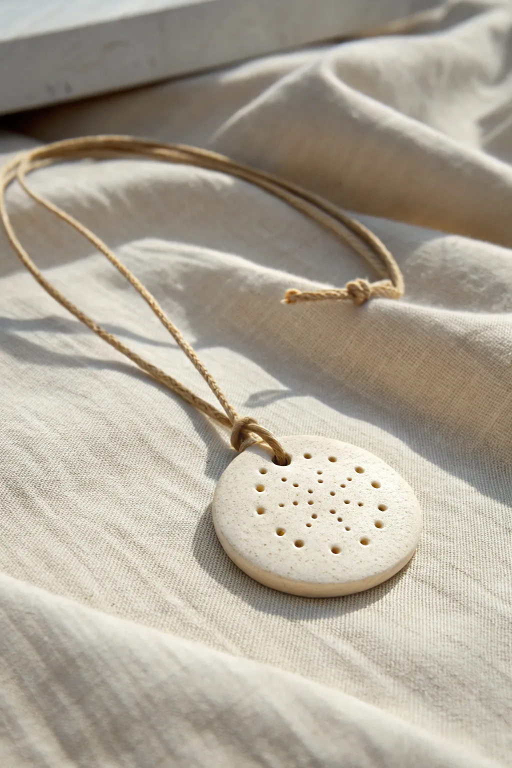 Minimal clay diffuser pendant with tiny holes and linen cord, styled on soft neutral fabric