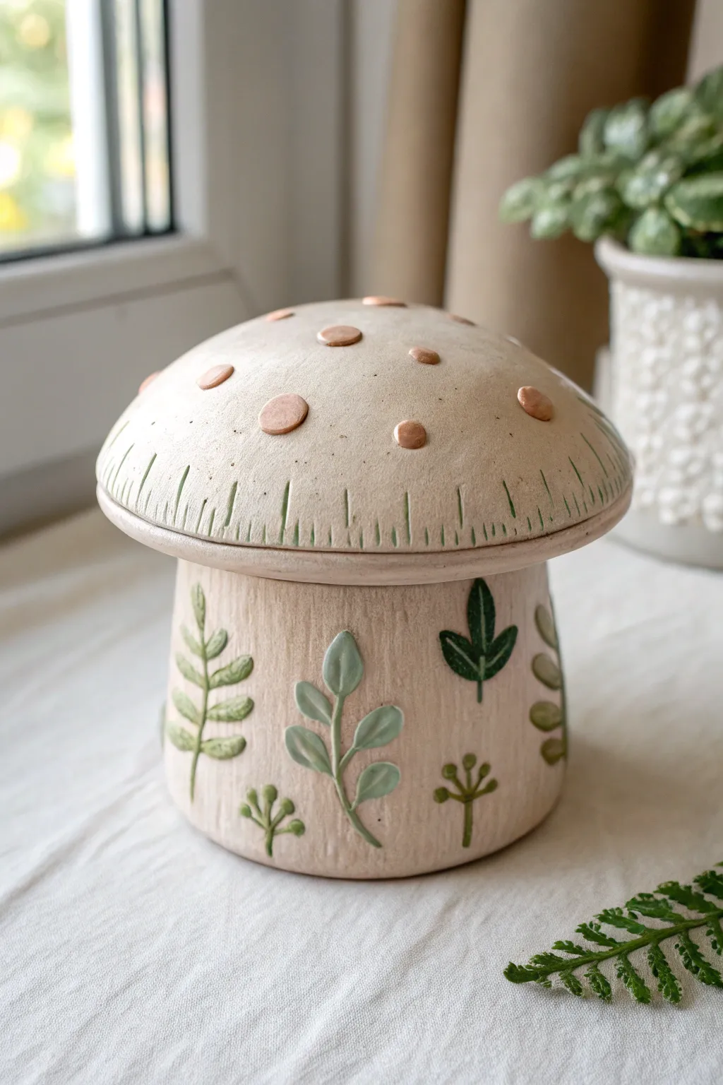 Whimsical mushroom forest clay jewelry box with sweet leaf details in soft, cozy tones