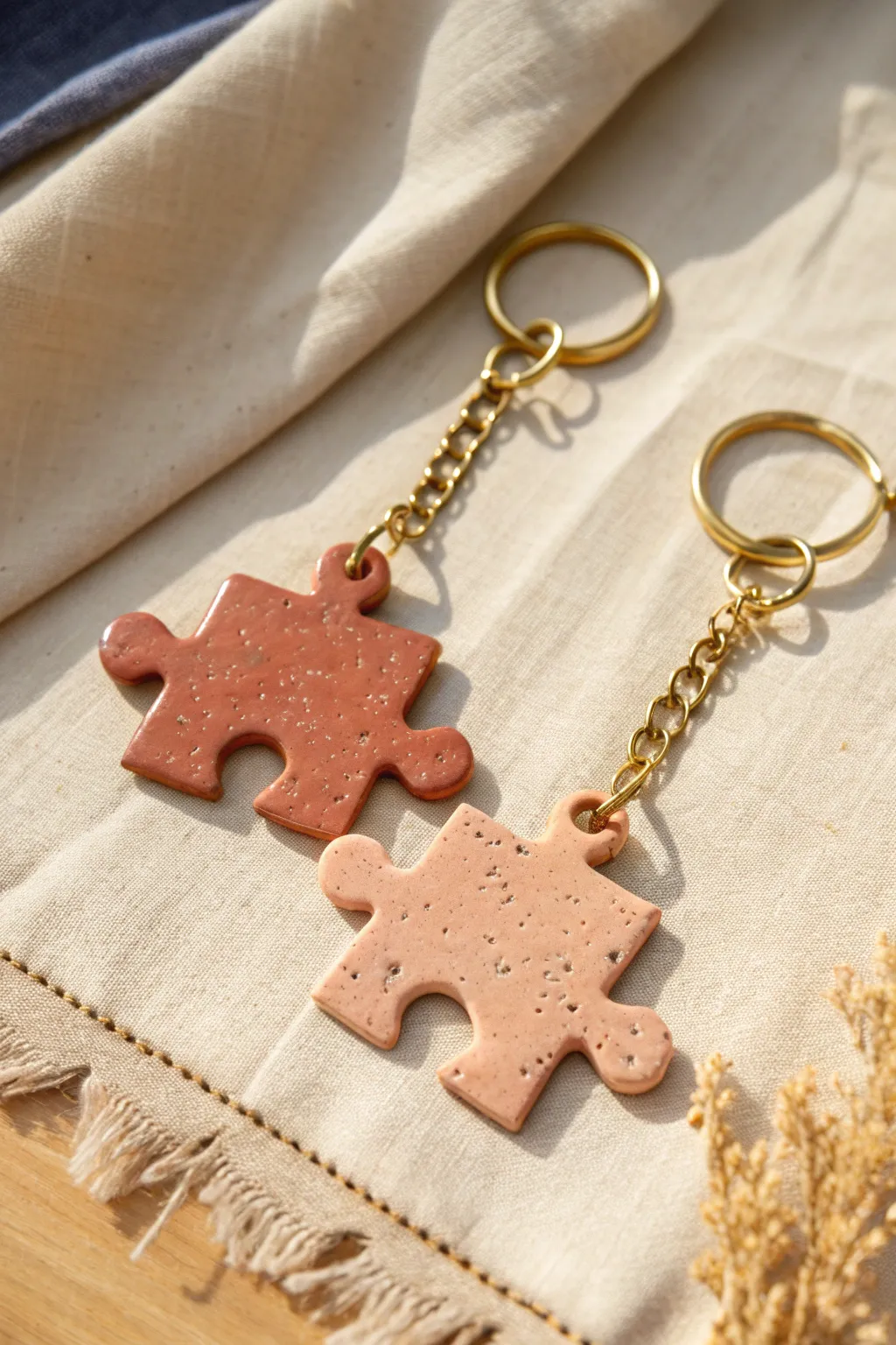 Two coordinating clay puzzle piece keychains that click together, minimalist and sweet.